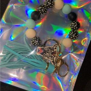 Leopard Print Keychain Bracelet with Tassel - Teal